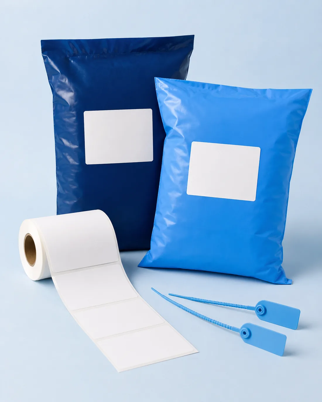 RV Packaging supplies — courier bags, 4×6 thermal label rolls and brand tag loops