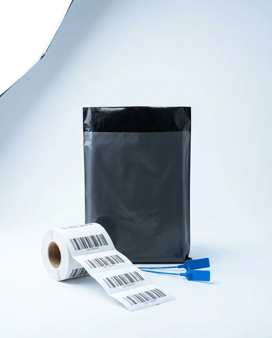 A charcoal grey poly courier mailer, a roll of 4x6 direct thermal shipping labels printed with barcodes, and blue pull-tight security seal tags on a pale studio surface