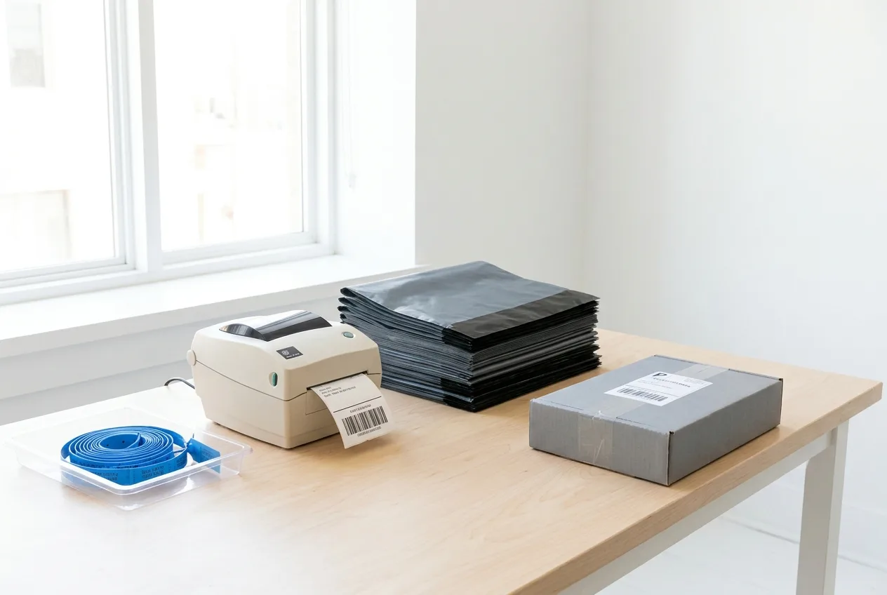 A packing bench with a thermal label printer, grey poly mailers, and a tray of seal tags
