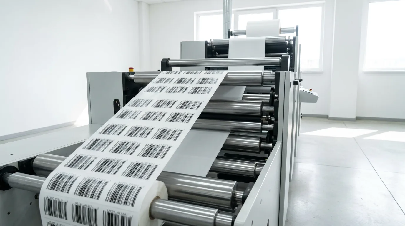 A label press running white label stock over polished steel rollers