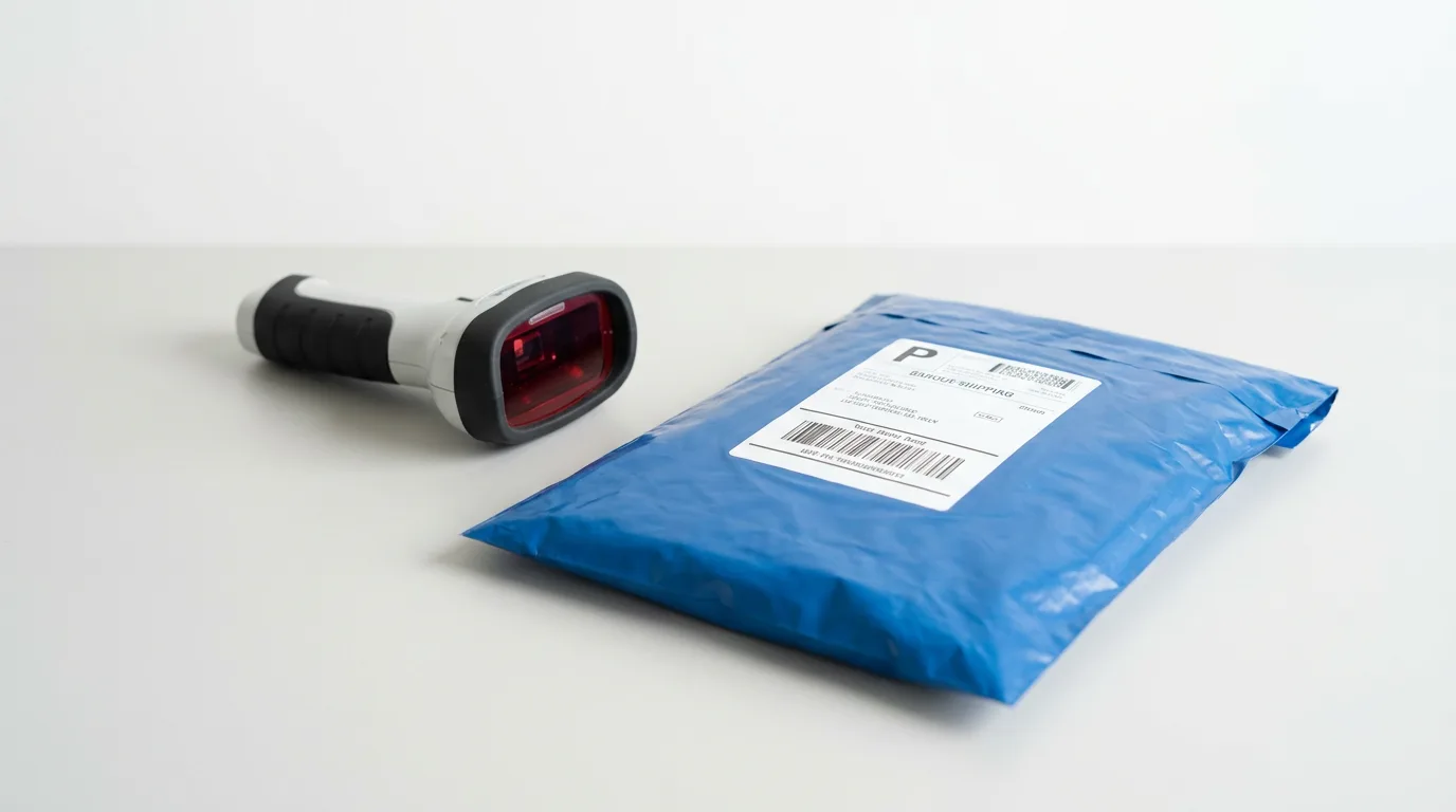 A handheld barcode scanner beside a sealed poly courier parcel with a printed barcode label