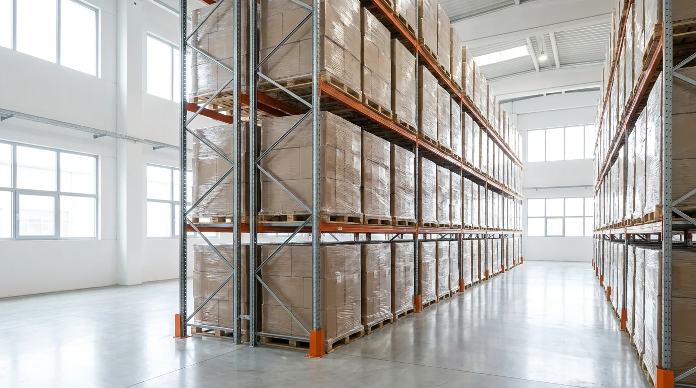 Warehouse racking stacked with shrink-wrapped pallets of cartons